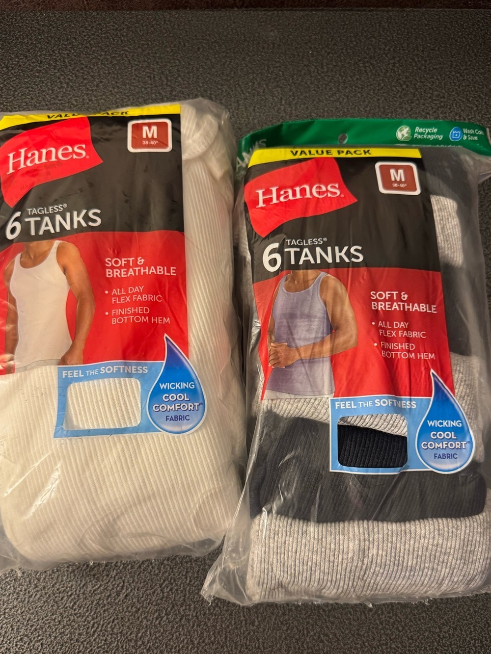 2 Pack Hanes Men’s 6-Pack Tagless Tank Tops — White, Black, Gray